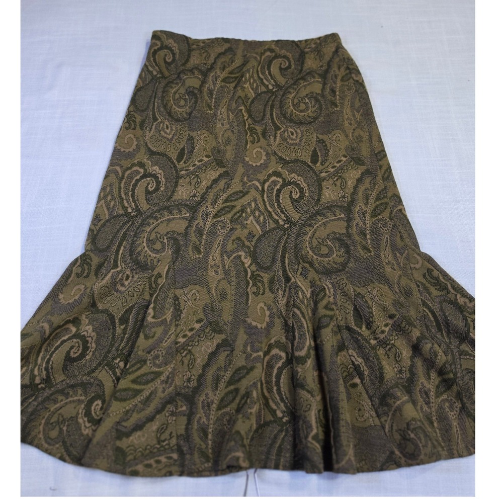 Nina Leonard Womens Medium Paisley Knit Midi Skirt Olive Green Tan Flare Skirt